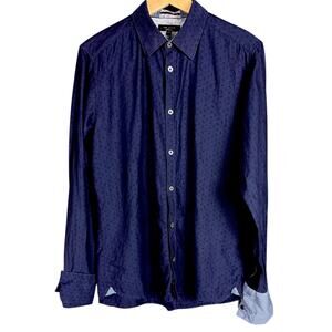 Men's Ted Baker Pashion Dark Blue Vine Print French Cuff Dress Shirt Pearl 15.5